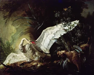 Ein Wasserspaniel greift einen Schwan auf seinem Nest an, 1740